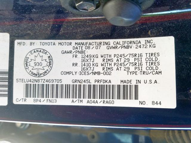 5TELU42N87Z469705 - 2007 TOYOTA TACOMA DOUBLE CAB  照片 10
