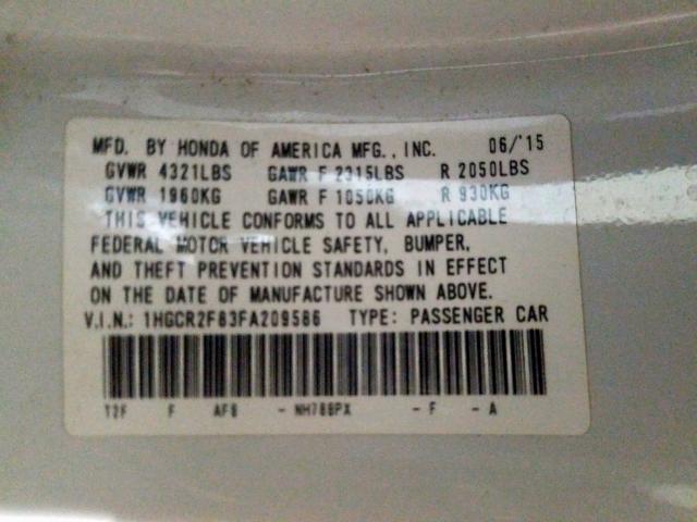 1HGCR2F83FA209586 - 2015 HONDA ACCORD EXL  photo 10