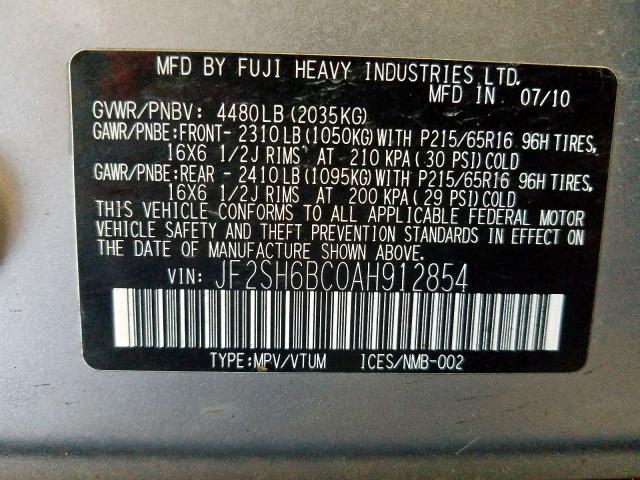 JF2SH6BC0AH912854 - 2010 SUBARU FORESTER XS  foto 10