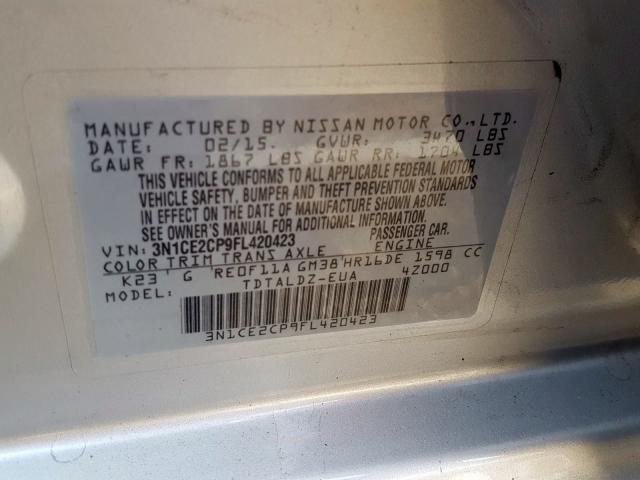 3N1CE2CP9FL420423 - 2015 NISSAN VERSA NOTE S  photo 10