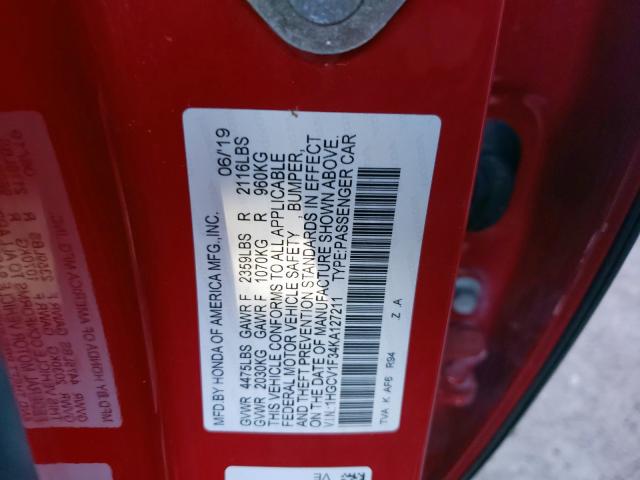 1HGCV1F34KA127211 - 2019 HONDA ACCORD SPORT  photo 10