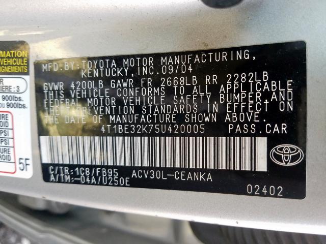 4T1BE32K75U420005 - 2005 TOYOTA CAMRY LE  photo 10