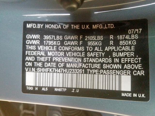 SHHFK7H47HU233261 - 2017 HONDA CIVIC SPORT  照片 10