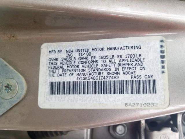 1Y1SK54861Z427482 - 2001 CHEVROLET GEO PRIZM BASE  photo 10