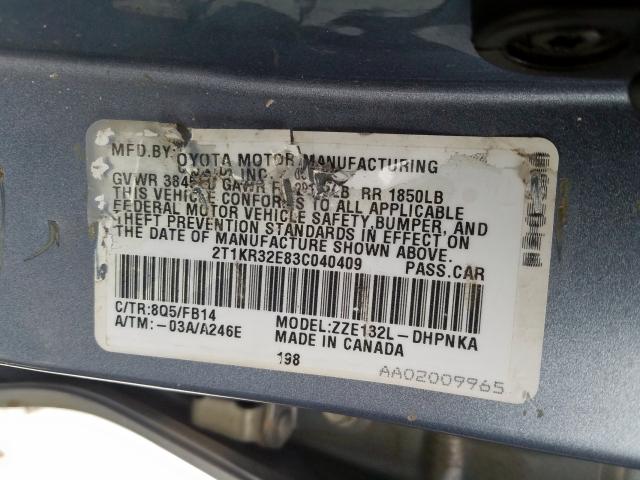 2T1KR32E83C040409 - 2003 TOYOTA COROLLA MATRIX XR  photo 10