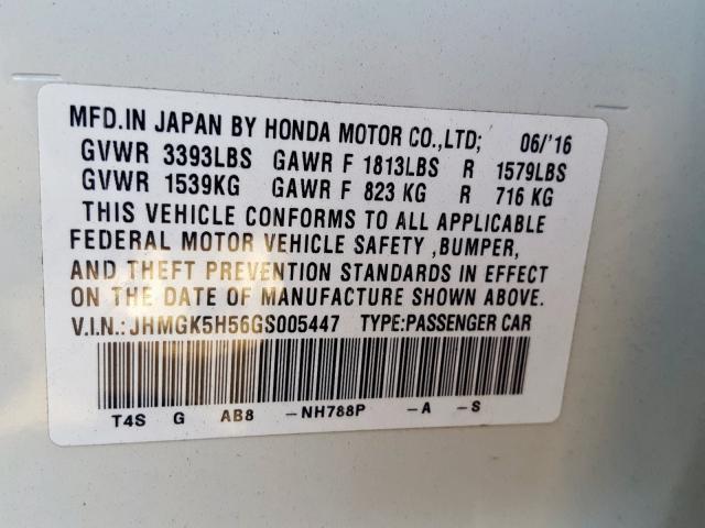 JHMGK5H56GS005447 - 2016 HONDA FIT LX  photo 10