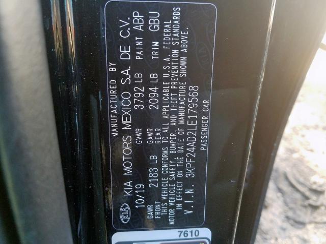 3KPF24AD2LE179568 - 2020 KIA FORTE FE  photo 10