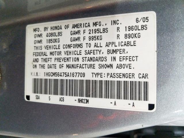 1HGCM56475A167709 - 2005 HONDA ACCORD LX  photo 10