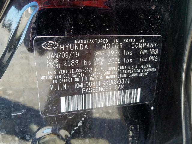 KMHD84LF9KU859371 - 2019 HYUNDAI ELANTRA SEL  photo 10