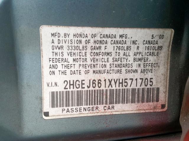 2HGEJ661XYH571705 - 2000 HONDA CIVIC BASE  foto 10