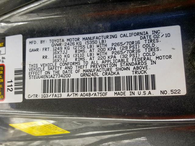 5TEUU4EN1AZ734200 - 2010 TOYOTA TACOMA ACCESS CAB  ფოტო 10