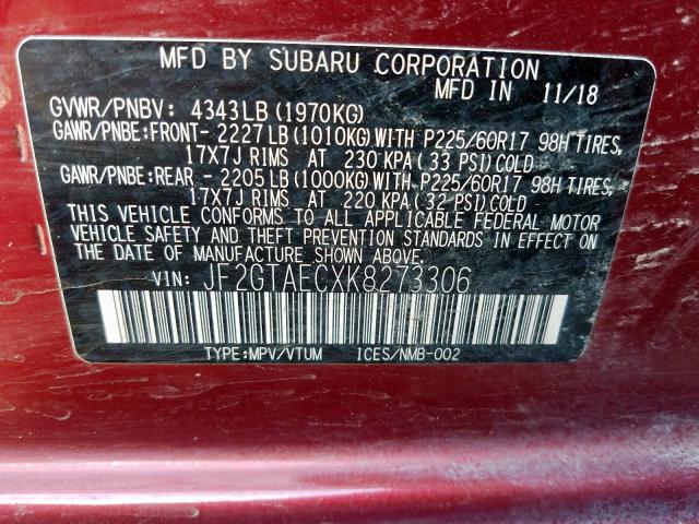 JF2GTAECXK8273306 - 2019 SUBARU CROSSTREK PREMIUM  фото 10