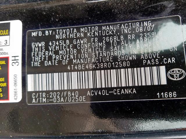 4T4BE46K38R012580 - 2008 TOYOTA CAMRY CE  photo 10