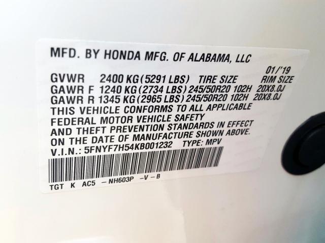 5FNYF7H54KB001232 - 2019 HONDA PASSPORT EXL  صورة 10