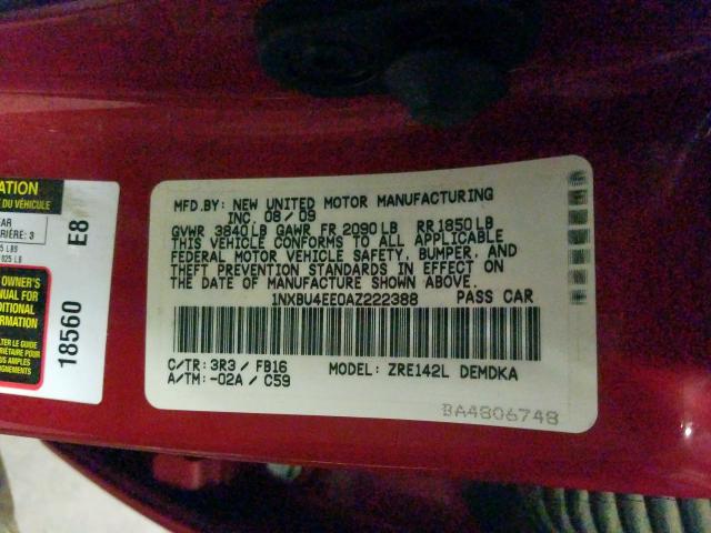 1NXBU4EE0AZ222388 - 2010 TOYOTA COROLLA BASE  照片 10