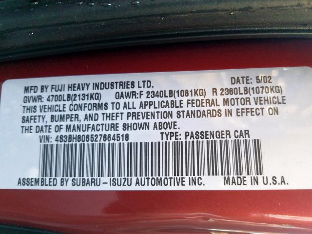 4S3BH806527664518 - 2002 SUBARU LEGACY OUTBACK H6 3.0 LL BEAN  photo 10