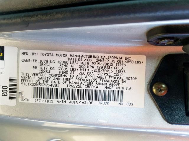 5TETX22N56Z254891 - 2006 TOYOTA TACOMA ACCESS CAB  photo 10