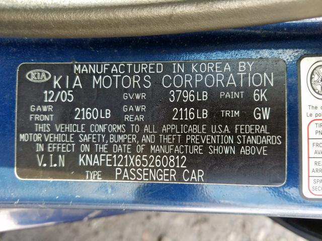 KNAFE121X65260812 - 2006 KIA SPECTRA LX  photo 10