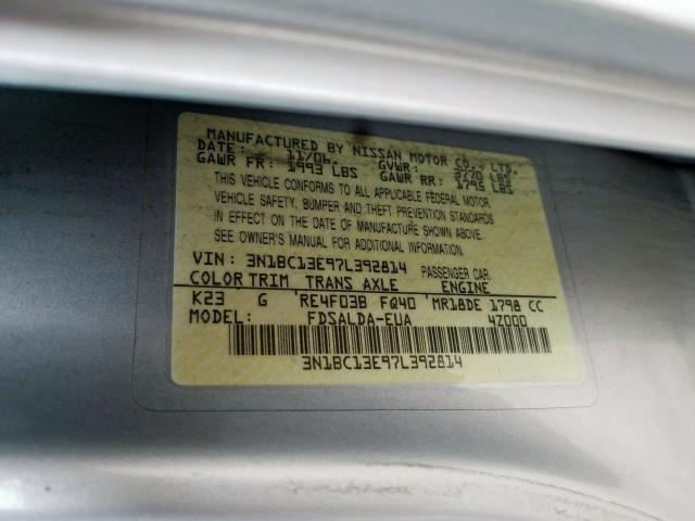 3N1BC13E97L392814 - 2007 NISSAN VERSA S  photo 10