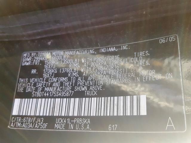 5TBDT44175S495877 - 2005 TOYOTA TUNDRA DOUBLE CAB SR5  photo 10