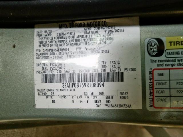 3FAHP08159R108094 - 2009 FORD FUSION SEL  photo 10