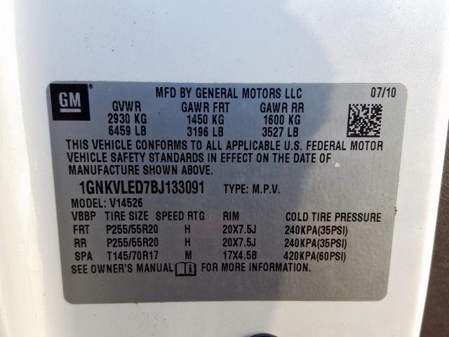 1GNKVLED7BJ133091 - 2011 CHEVROLET TRAVERSE LTZ  photo 10