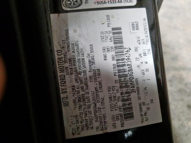 3FAHP0JG8AR394767 - 2010 FORD FUSION SEL  photo 10