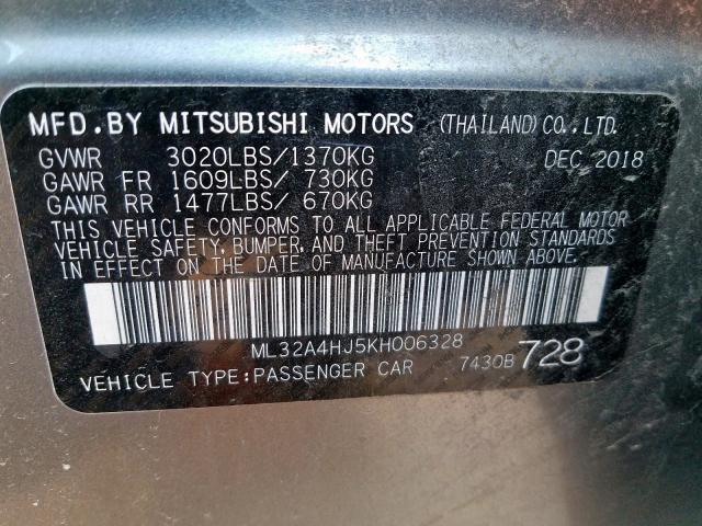 ML32A4HJ5KH006328 - 2019 MITSUBISHI MIRAGE SE  photo 10