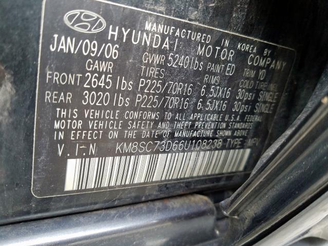 KM8SC73D66U108238 - 2006 HYUNDAI SANTA FE GLS  photo 10