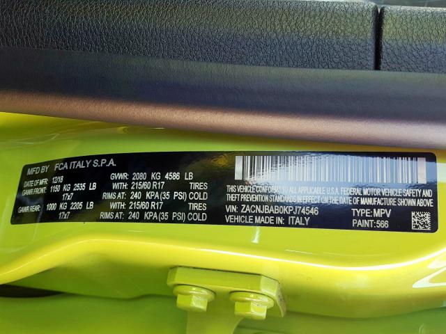 ZACNJBAB0KPJ74546 - 2019 JEEP RENEGADE SPORT  լուսանկար 10