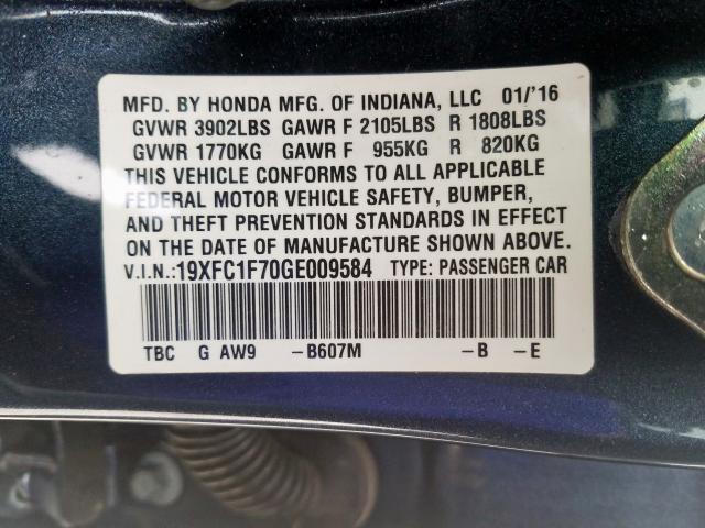 19XFC1F70GE009584 - 2016 HONDA CIVIC EXL  照片 10