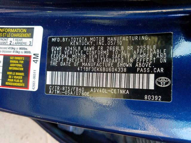 4T1BF3EK6BU604338 - 2011 TOYOTA CAMRY BASE  photo 10