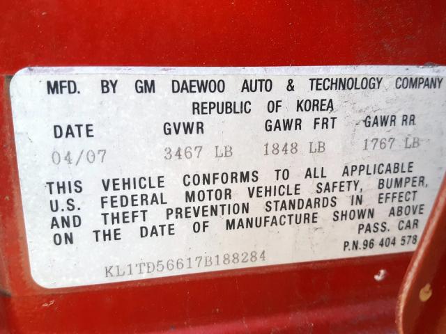 KL1TD56617B188284 - 2007 CHEVROLET AVEO BASE  фото 10