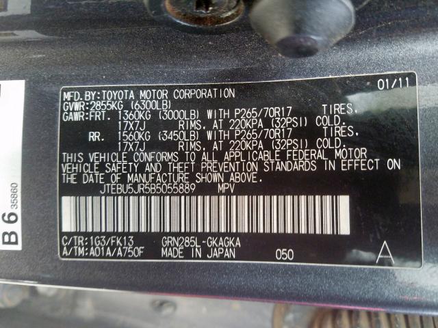 JTEBU5JR5B5055889 - 2011 TOYOTA 4RUNNER SR5  photo 10