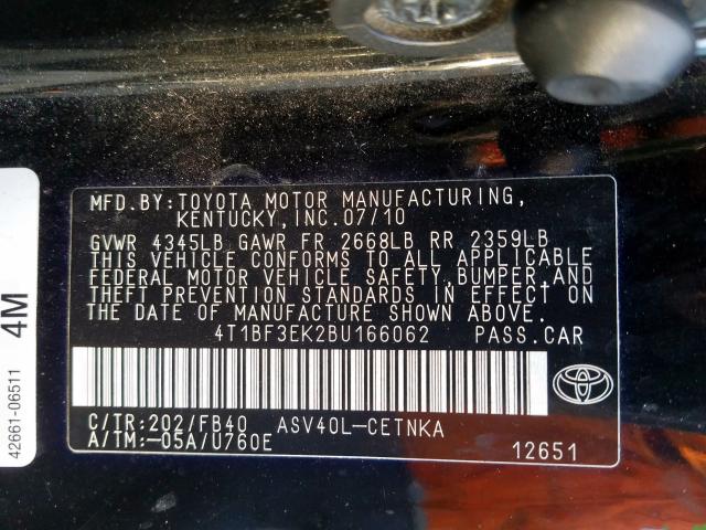 4T1BF3EK2BU166062 - 2011 TOYOTA CAMRY BASE  photo 10