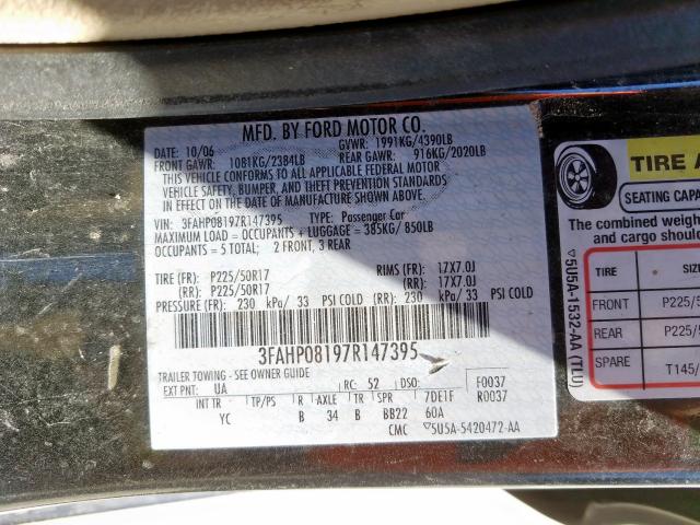 3FAHP08197R147395 - 2007 FORD FUSION SEL  photo 10