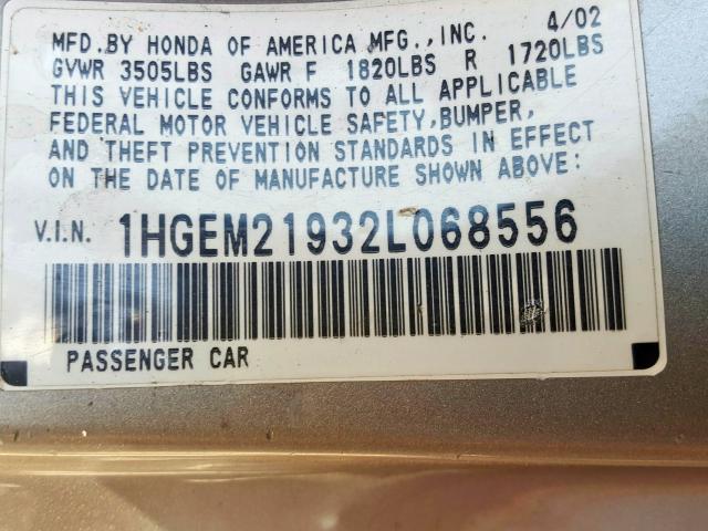 1HGEM21932L068556 - 2002 HONDA CIVIC EX  photo 10