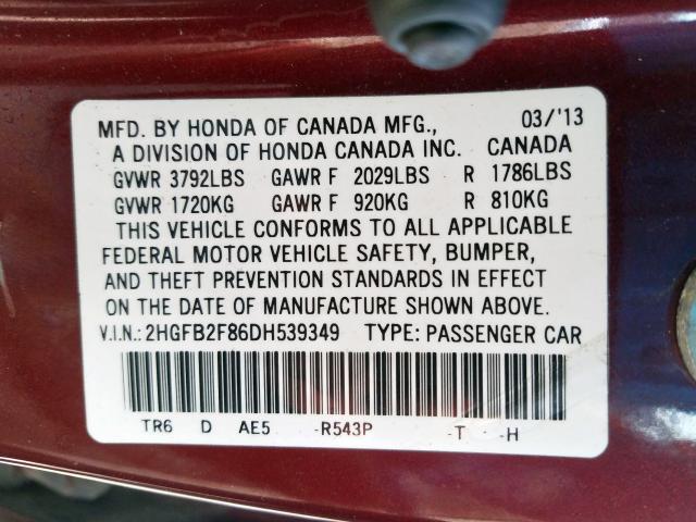 2HGFB2F86DH539349 - 2013 HONDA CIVIC EX  photo 10