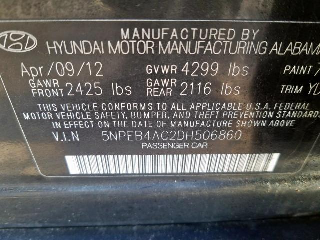 5NPEB4AC2DH506860 - 2013 HYUNDAI SONATA GLS BLACK photo 10