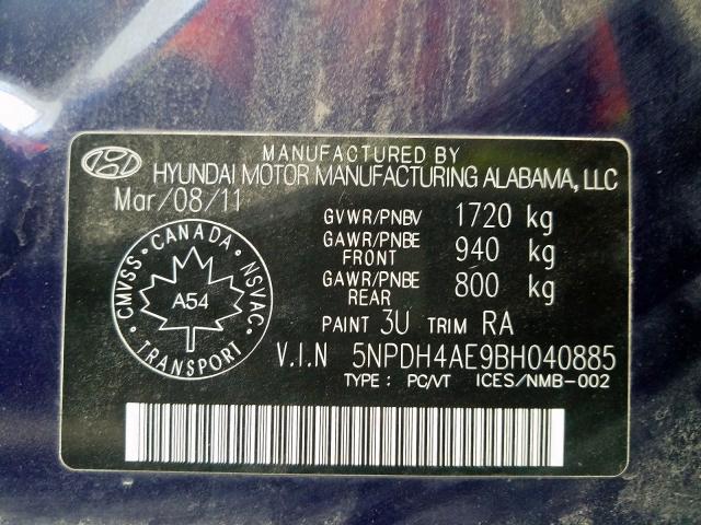 5NPDH4AE9BH040885 - 2011 HYUNDAI ELANTRA GLS  photo 10