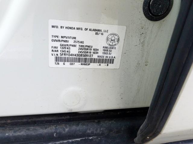 5FRYD4H43GB509127 - 2016 ACURA MDX TECHNOLOGY  photo 10