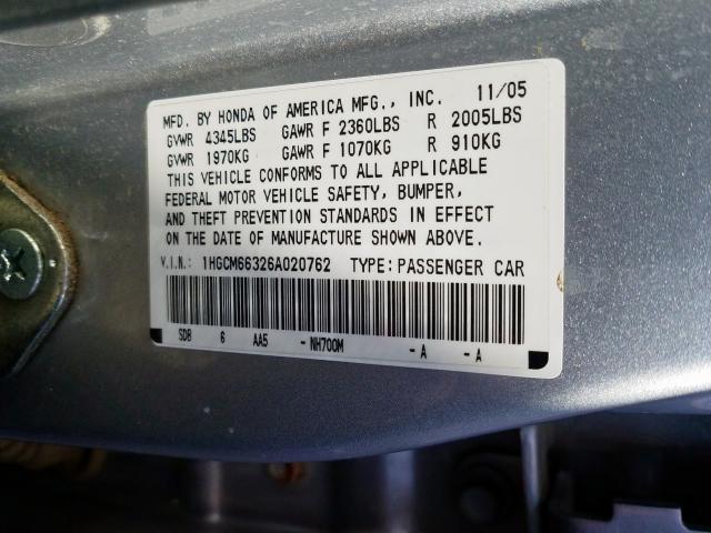 1HGCM66326A020762 - 2006 HONDA ACCORD LX  photo 10