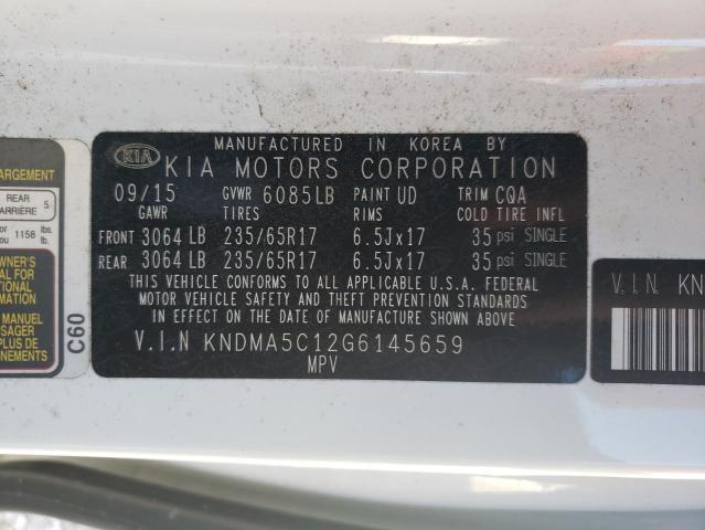 KNDMA5C12G6145659 - 2016 KIA SEDONA L WHITE photo 10