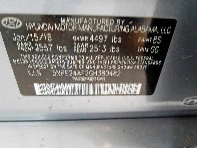 5NPE24AF2GH380482 - 2016 HYUNDAI SONATA SE GRAY photo 10