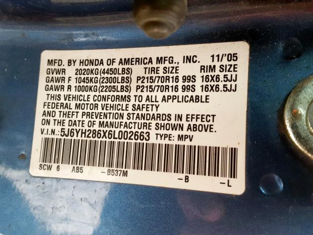 5J6YH286X6L002663 - 2006 HONDA ELEMENT EX  photo 10