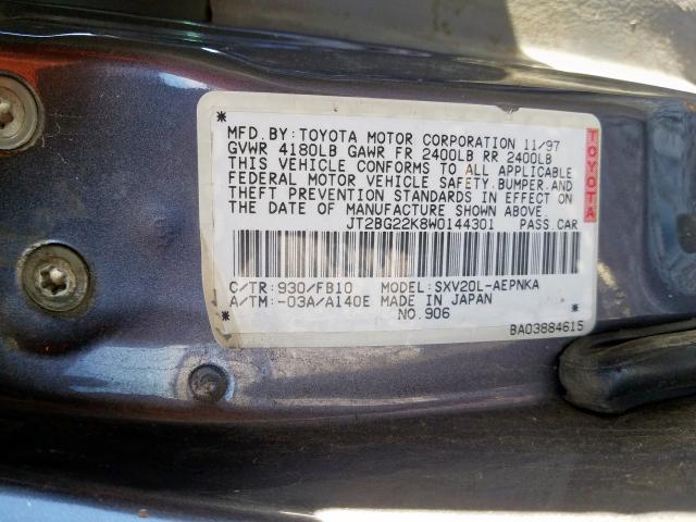 JT2BG22K8W0144301 - 1998 TOYOTA CAMRY CE  photo 10