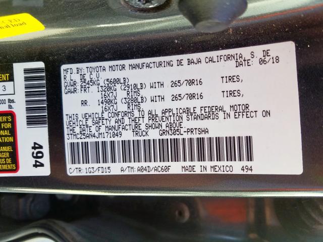 3TMCZ5AN4JM171049 - 2018 TOYOTA TACOMA DOUBLE CAB  照片 10