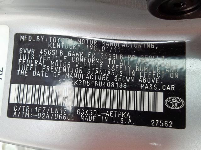 4T1BK3DB1BU408188 - 2011 TOYOTA AVALON BASE SILVER photo 10