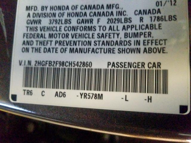 2HGFB2F98CH542860 - 2012 HONDA CIVIC EXL  foto 10