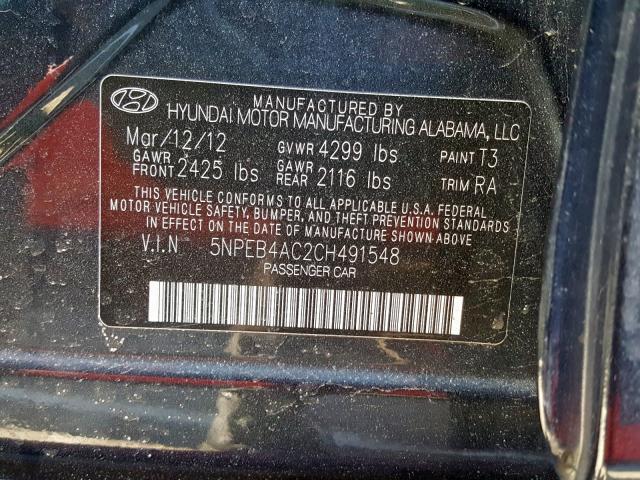 5NPEB4AC2CH491548 - 2012 HYUNDAI SONATA GLS  photo 10